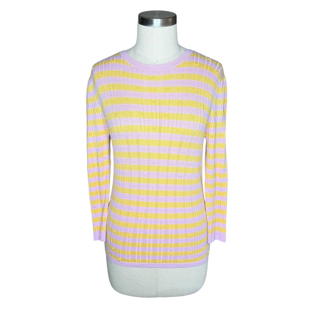 ANN TAYLOR Sweater Pink Yellow Striped Pointelle Women's Size Medium Slim Fit